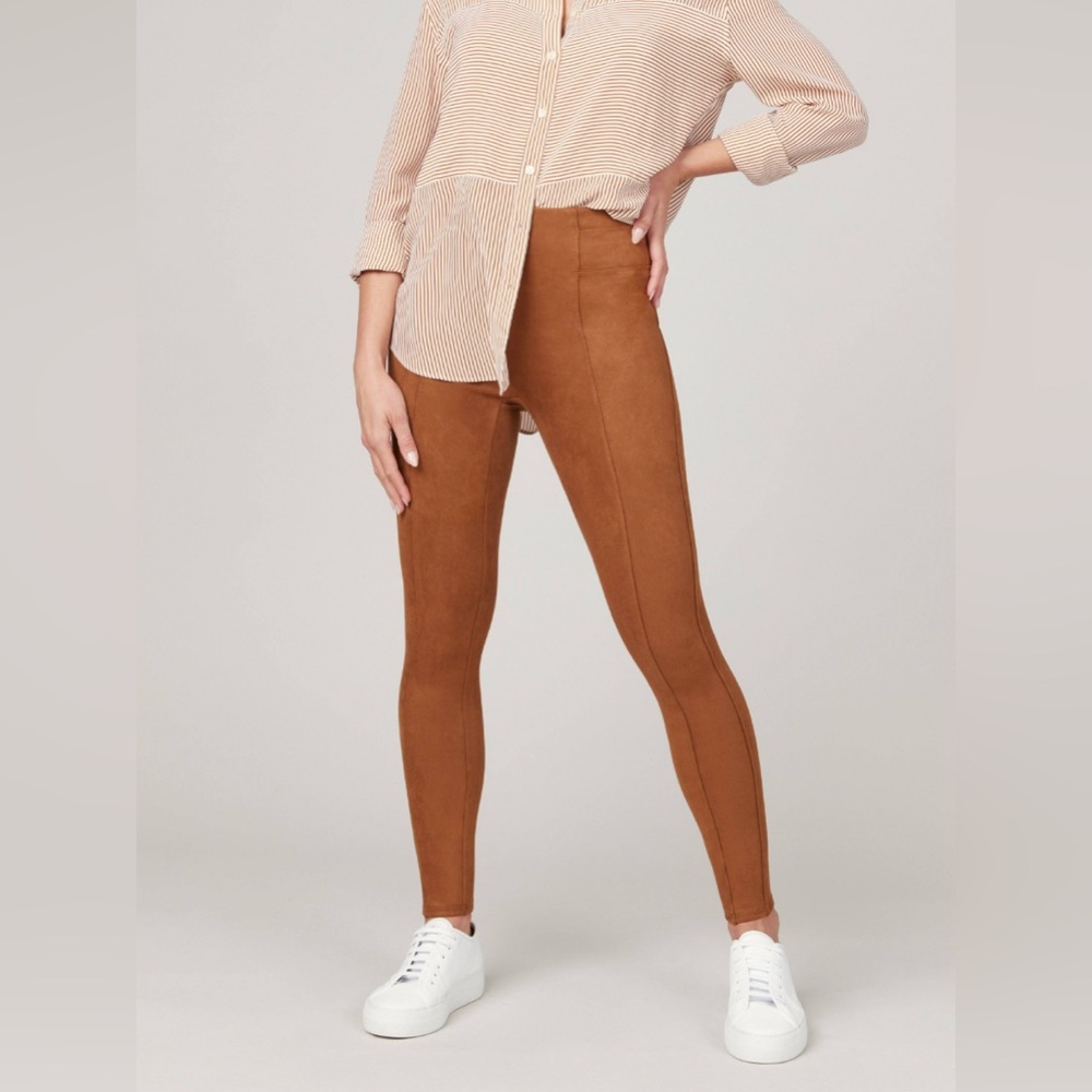 Spanx worn once and did not fit, rich caramel faux suede leggings. Size small.